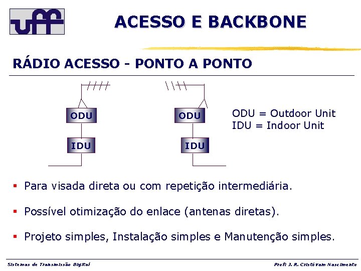 ACESSO E BACKBONE RÁDIO ACESSO - PONTO A PONTO ODU IDU ODU = Outdoor