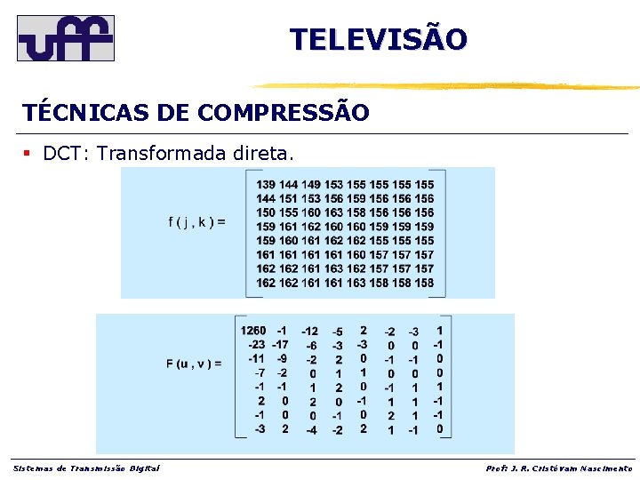 TELEVISÃO TÉCNICAS DE COMPRESSÃO § DCT: Transformada direta. Sistemas de Transmissão Digital Prof: J.