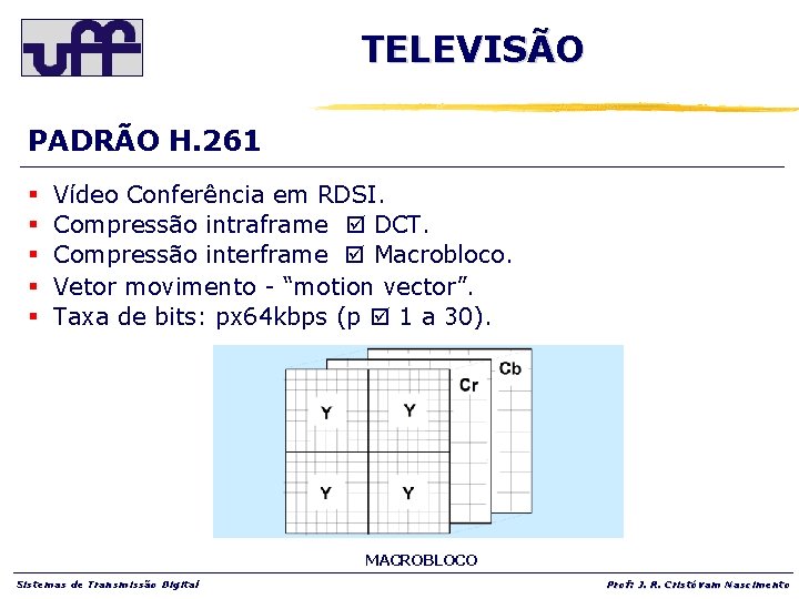 TELEVISÃO PADRÃO H. 261 § § § Vídeo Conferência em RDSI. Compressão intraframe DCT.