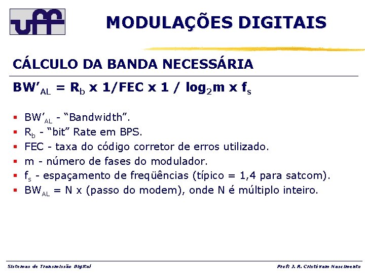 MODULAÇÕES DIGITAIS CÁLCULO DA BANDA NECESSÁRIA BW’AL = Rb x 1/FEC x 1 /