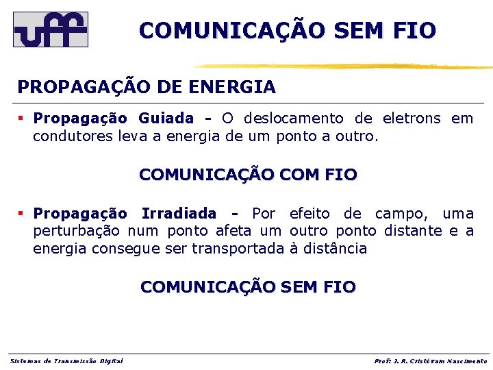 COMUNICAÇÃO SEM FIO PROPAGAÇÃO DE ENERGIA § Propagação Guiada - O deslocamento de eletrons