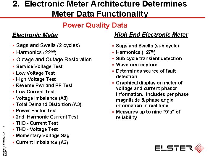 2. Electronic Meter Architecture Determines Meter Data Functionality Power Quality Data High End Electronic