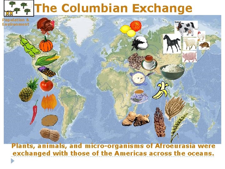 The Columbian Exchange Population & Environment Plants, animals, and micro-organisms of Afroeurasia were exchanged