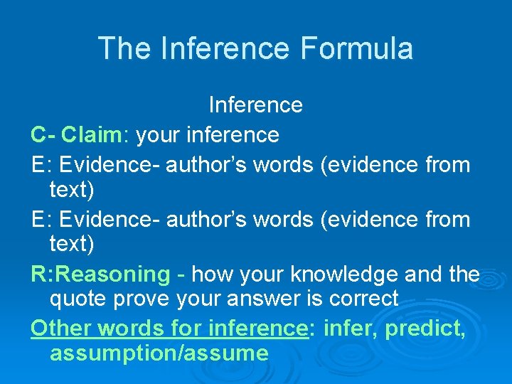 The Inference Formula Inference C- Claim: your inference E: Evidence- author’s words (evidence from