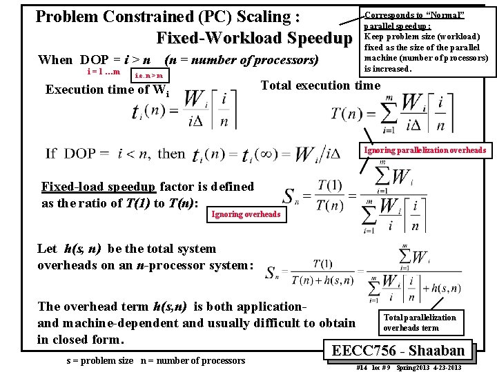 Problem Constrained (PC) Scaling : Fixed-Workload Speedup When DOP = i > n i