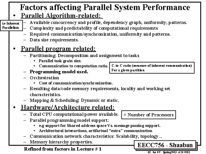 Factors affecting Parallel System Performance • Parallel Algorithm-related: i. e Inherent Parallelism – –