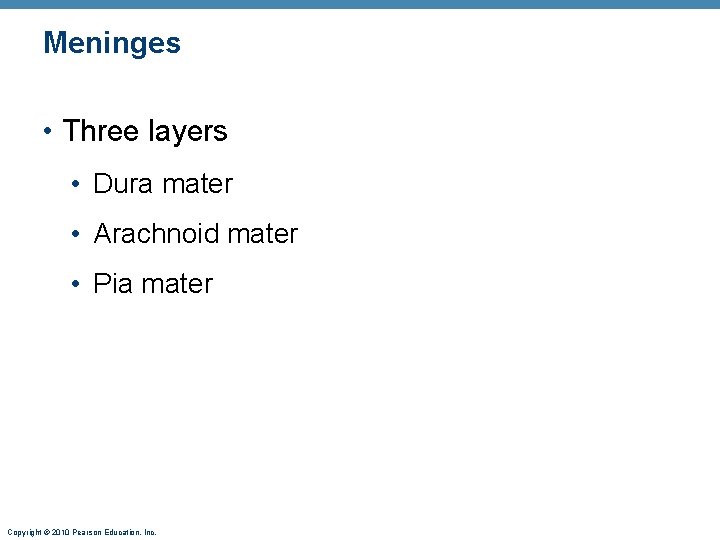 Meninges • Three layers • Dura mater • Arachnoid mater • Pia mater Copyright