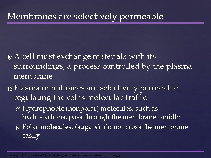 Membranes are selectively permeable A cell must exchange materials with its surroundings, a process