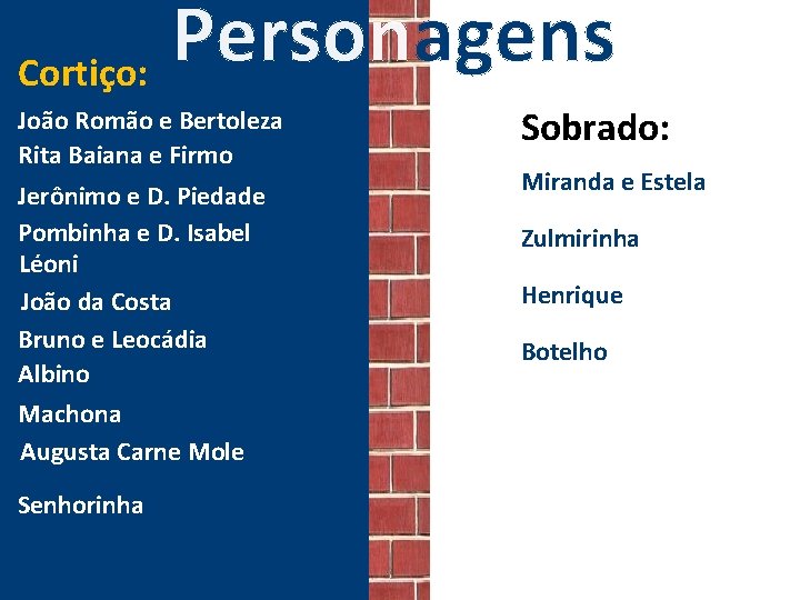 Personagens Cortiço: João Romão e Bertoleza Rita Baiana e Firmo Jerônimo e D. Piedade