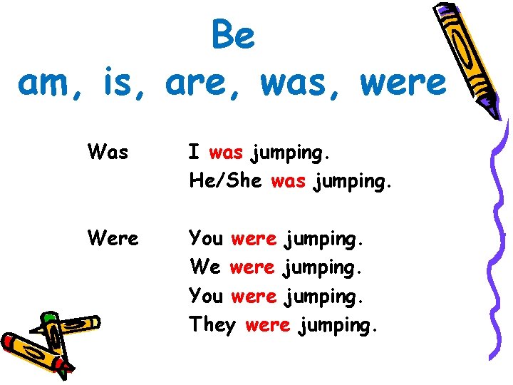 Be am, is, are, was, were Was I was jumping. He/She was jumping. Were