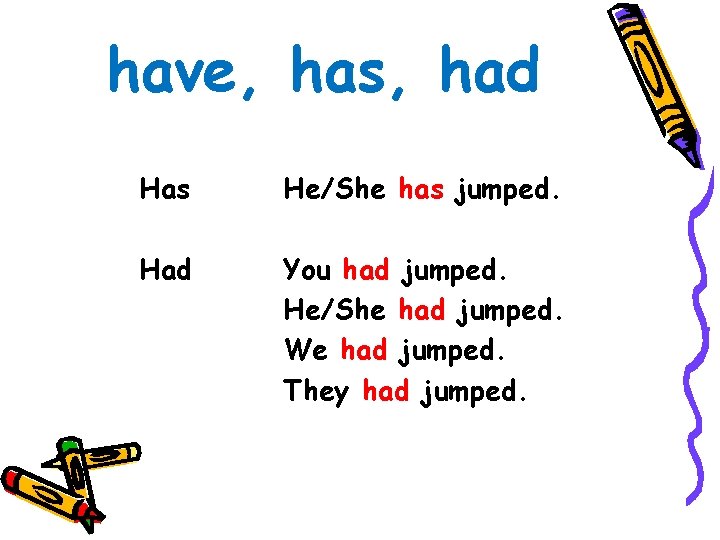 have, has, had Has He/She has jumped. Had You had jumped. He/She had jumped.