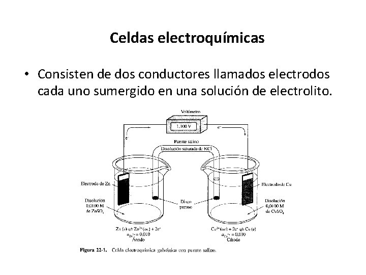 Celdas electroquímicas • Consisten de dos conductores llamados electrodos cada uno sumergido en una