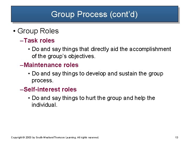 Group Process (cont’d) • Group Roles – Task roles • Do and say things