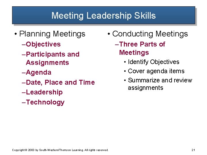 Meeting Leadership Skills • Planning Meetings • Conducting Meetings – Objectives – Participants and