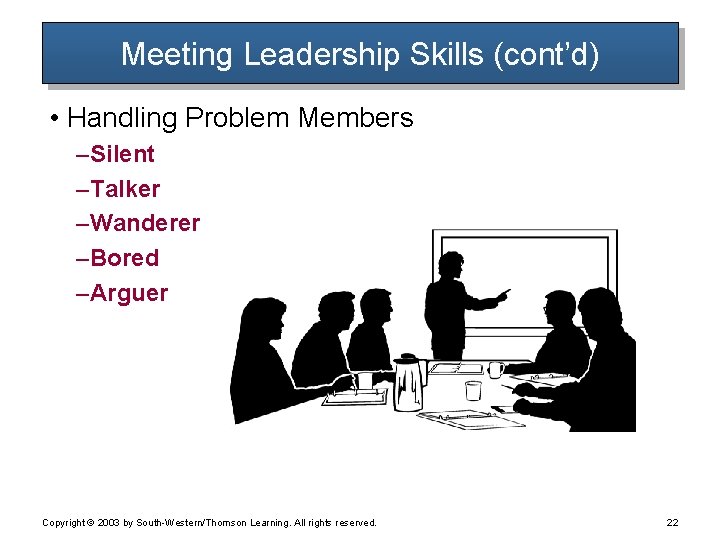 Meeting Leadership Skills (cont’d) • Handling Problem Members – Silent – Talker – Wanderer