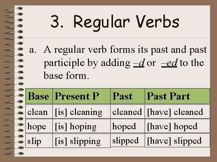 3. Regular Verbs a. A regular verb forms its past and past participle by