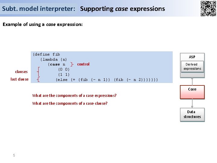 Subt. model interpreter: Supporting case expressions Example of using a case expression: (define fib