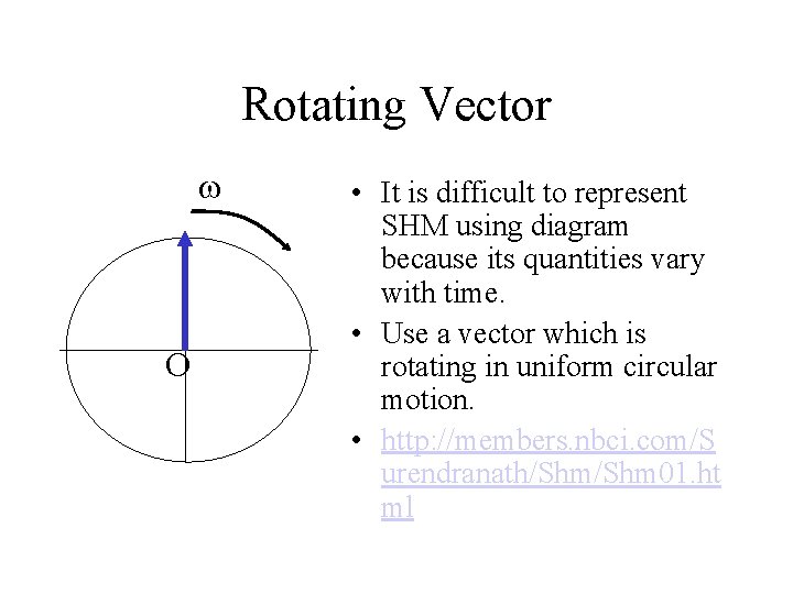 Rotating Vector O • It is difficult to represent SHM using diagram because its