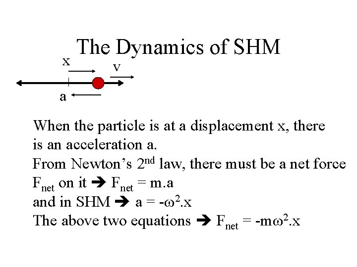 x The Dynamics of SHM v a When the particle is at a displacement