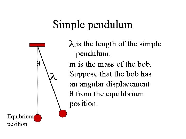 Simple pendulum θ Equibrium position is the length of the simple pendulum. m is