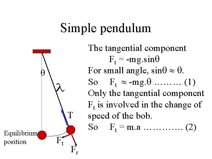 Simple pendulum θ T Equilibrium position Ft Fr The tangential component Ft = -mg.