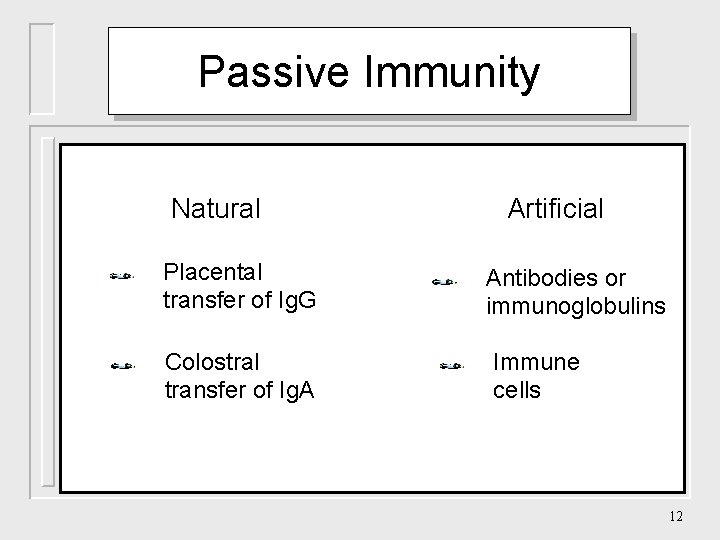 Passive Immunity Natural Placental transfer of Ig. G Colostral transfer of Ig. A Artificial