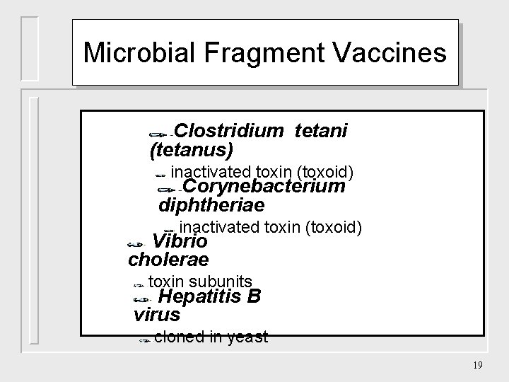 Microbial Fragment Vaccines Clostridium tetani (tetanus) inactivated toxin (toxoid) Corynebacterium diphtheriae inactivated toxin (toxoid)