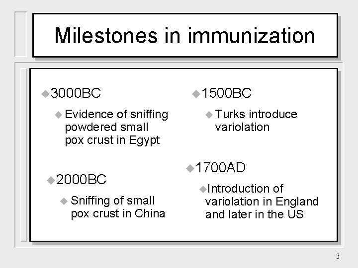 Milestones in immunization u 3000 BC u Evidence of sniffing powdered small pox crust