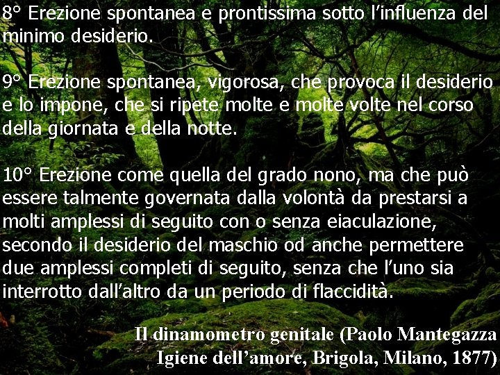 8° Erezione spontanea e prontissima sotto l’influenza del minimo desiderio. 9° Erezione spontanea, vigorosa,