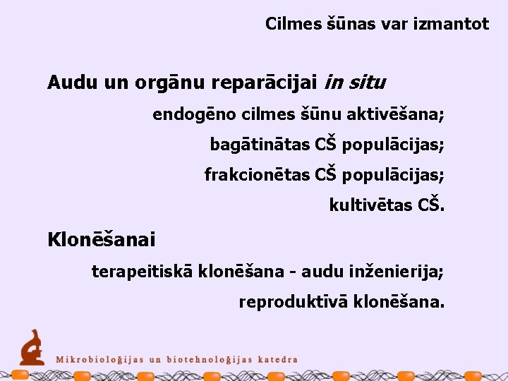 Cilmes šūnas var izmantot Audu un orgānu reparācijai in situ endogēno cilmes šūnu aktivēšana;