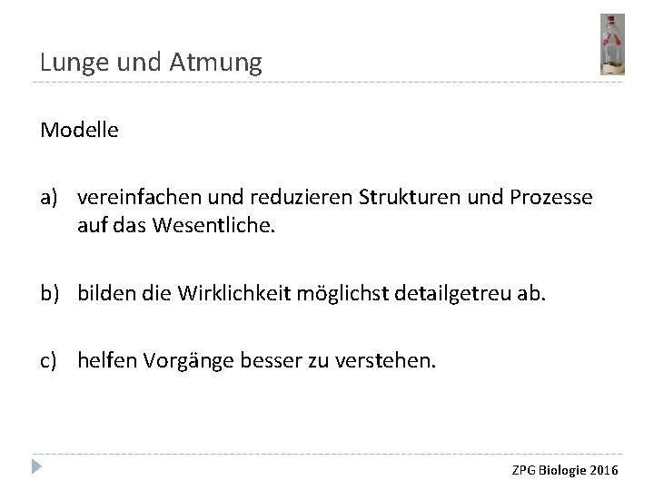 Lunge und Atmung Modelle a) vereinfachen und reduzieren Strukturen und Prozesse auf das Wesentliche.