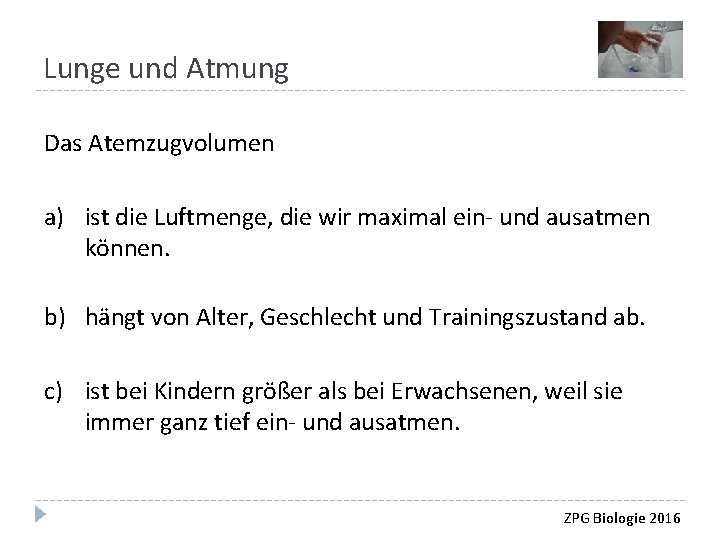 Lunge und Atmung Das Atemzugvolumen a) ist die Luftmenge, die wir maximal ein- und