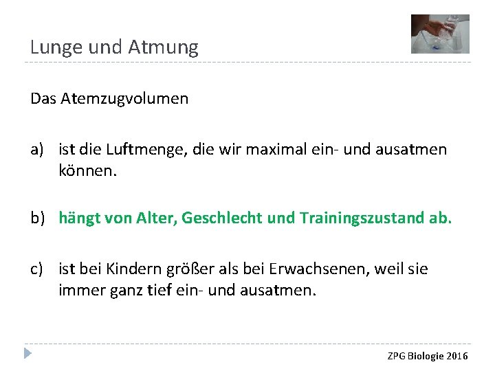 Lunge und Atmung Das Atemzugvolumen a) ist die Luftmenge, die wir maximal ein- und