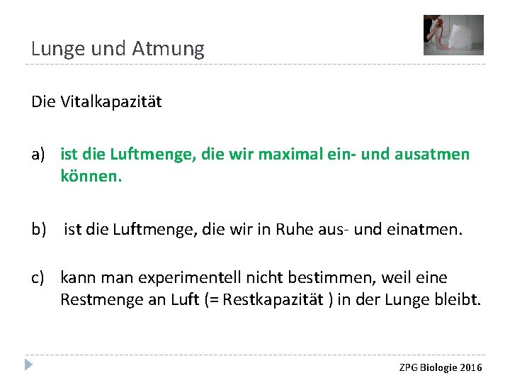 Lunge und Atmung Die Vitalkapazität a) ist die Luftmenge, die wir maximal ein- und