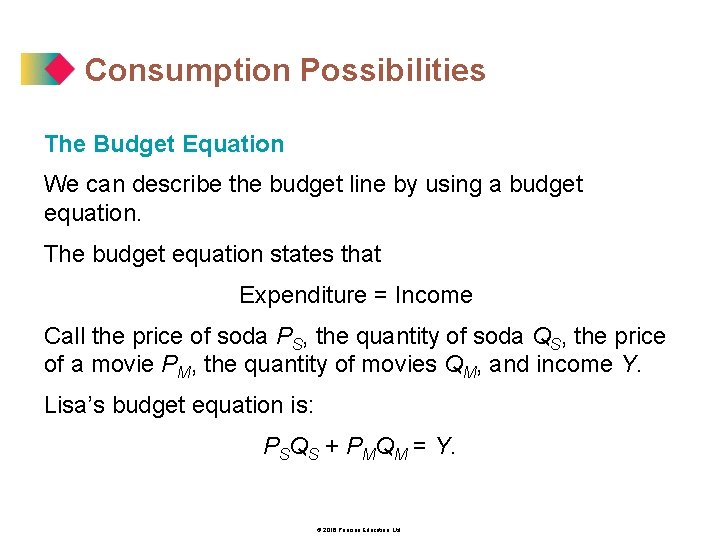 Consumption Possibilities The Budget Equation We can describe the budget line by using a