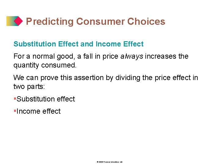 Predicting Consumer Choices Substitution Effect and Income Effect For a normal good, a fall