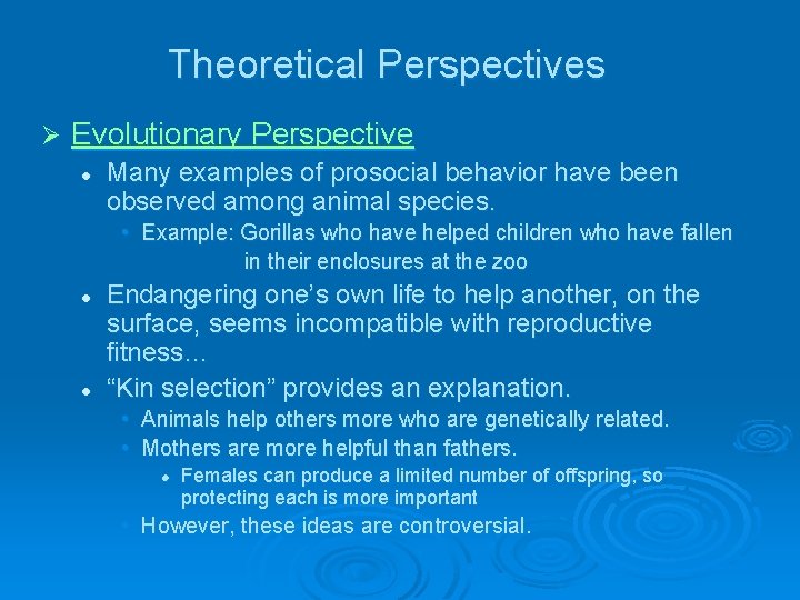 Theoretical Perspectives Ø Evolutionary Perspective l Many examples of prosocial behavior have been observed