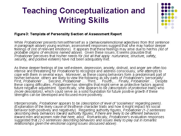 Teaching Conceptualization and Writing Skills Figure 3: Template of Personality Section of Assessment Report