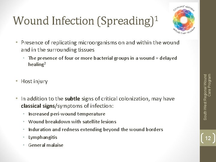 Wound Infection (Spreading)1 • Presence of replicating microorganisms on and within the wound and