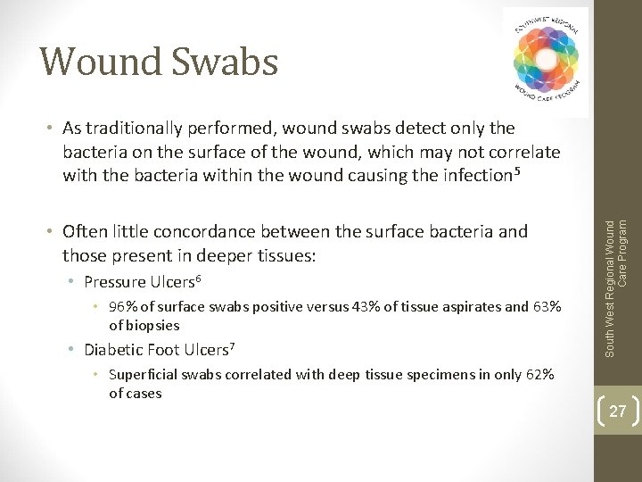 Wound Swabs • Often little concordance between the surface bacteria and those present in