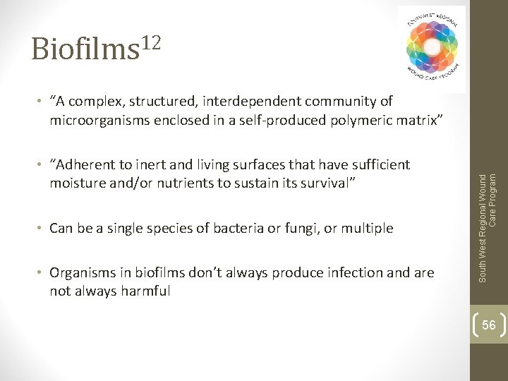 Biofilms 12 • “Adherent to inert and living surfaces that have sufficient moisture and/or