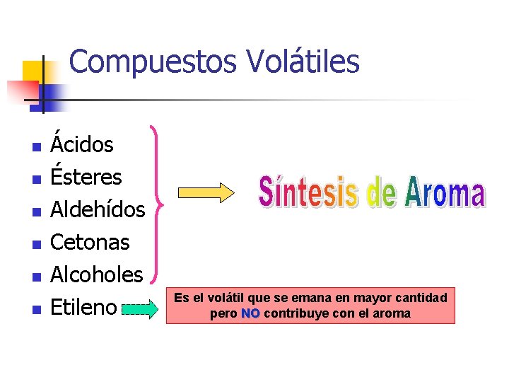 Compuestos Volátiles n n n Ácidos Ésteres Aldehídos Cetonas Alcoholes Etileno Es el volátil