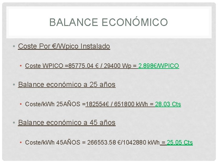 BALANCE ECONÓMICO • Coste Por €/Wpico Instalado • Coste WPICO =85775. 04 € /