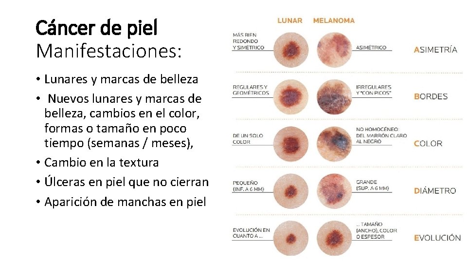 Cáncer de piel Manifestaciones: • Lunares y marcas de belleza • Nuevos lunares y