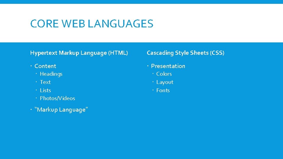 CORE WEB LANGUAGES Hypertext Markup Language (HTML) Cascading Style Sheets (CSS) Content Presentation Headings CORE WEB LANGUAGES Hypertext Markup Language (HTML) Cascading Style Sheets (CSS) Content Presentation Headings