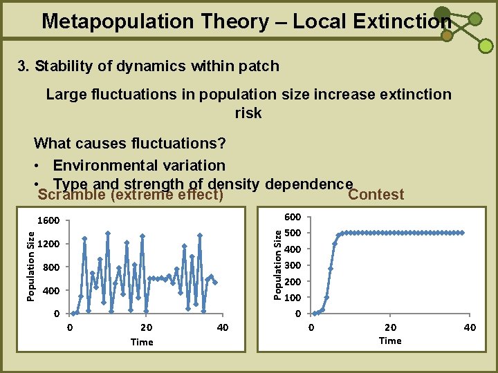 Metapopulation Theory – Local Extinction 3. Stability of dynamics within patch Large fluctuations in