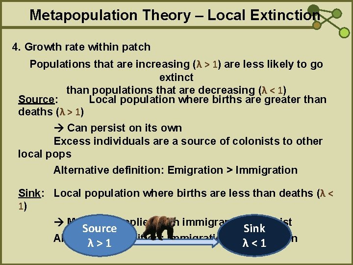 Metapopulation Theory – Local Extinction 4. Growth rate within patch Populations that are increasing