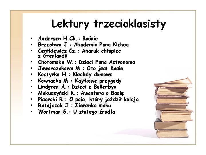 Lektury trzecioklasisty • • • Andersen H. Ch. : Baśnie Brzechwa J. : Akademia