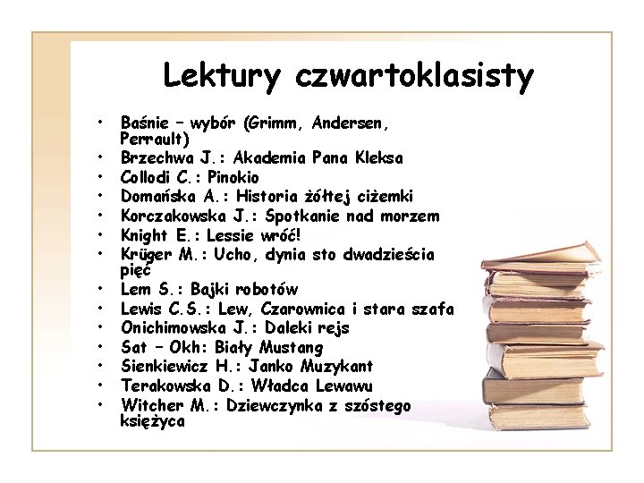 Lektury czwartoklasisty • • • • Baśnie – wybór (Grimm, Andersen, Perrault) Brzechwa J.