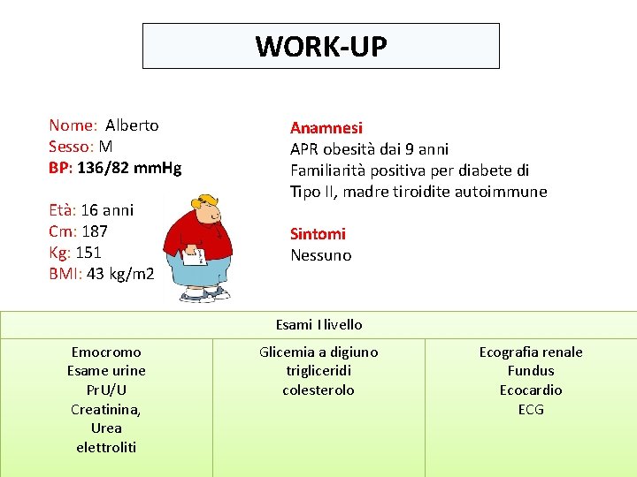 WORK-UP Nome: Alberto Sesso: M BP: 136/82 mm. Hg Età: 16 anni Cm: 187